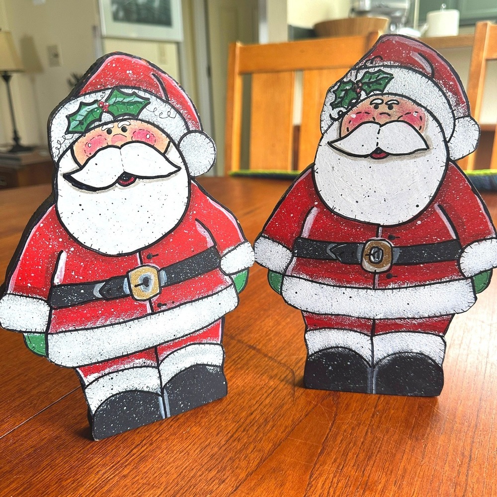 TWO Hand Painted Wooden Santa Claus Shelf Sitter Folk Art 2010 9" Country Rustic